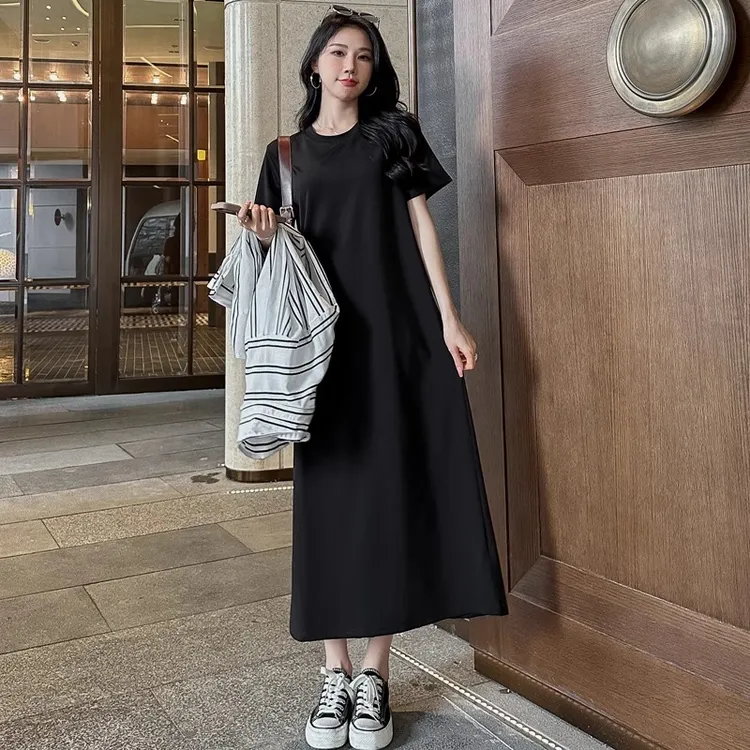 夏季必备清凉舒适宽松短袖直筒气质连衣裙显瘦遮肉大码高级黑裙子