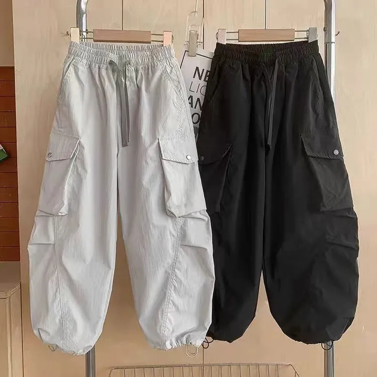 C087大童青少年夏季弯刀裤工装直筒裤初中生男大童裤子潮酷薄裤子