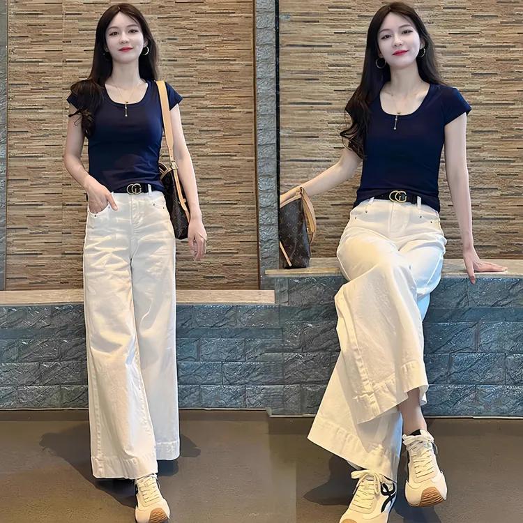 小个子时尚套装女夏季新款设计感U领T恤高腰阔腿百搭休闲裤两件套