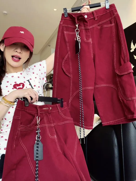 美式炸街小个子又a又飒高腰显瘦裤子宽松慵懒风百搭红色牛仔裤春