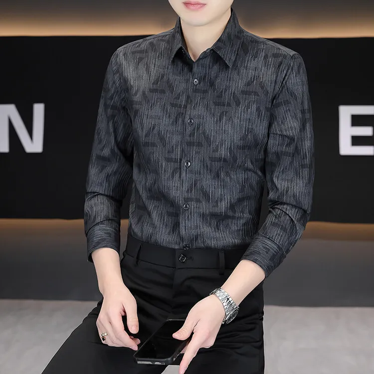 潮流长袖衬衫男士时尚衬衣休闲新款潮流上衣数码印花商务长袖衬衫