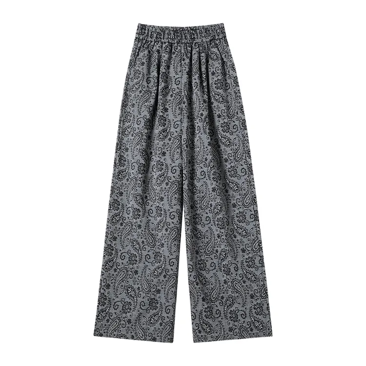 TUBREIT/图百年时尚腰果花印花棉麻感复古提花松紧腰阔腿裤休闲裤