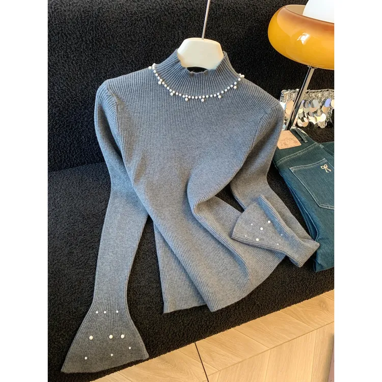 打底外穿重工钉珠喇叭袖针织衫女新款修身毛衣时尚减龄半高领上衣