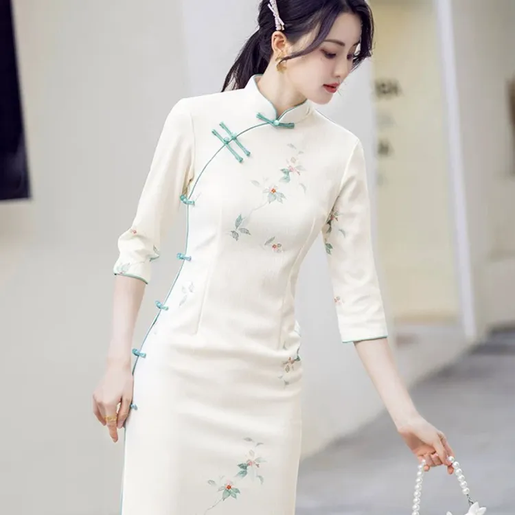 云【听竹】白色复合网纱夏款.秋款极简风新中式复古少女旗袍（长110）
