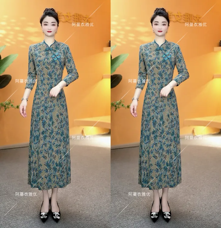 【衣雅严选】8082-816# 新款长袖气质显瘦弹力缎面盘扣旗袍连衣裙