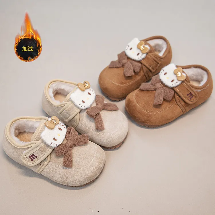 女童加绒皮鞋勃肯鞋冬季宝宝卡通猫保暖鞋洋气公主鞋小女孩大棉鞋