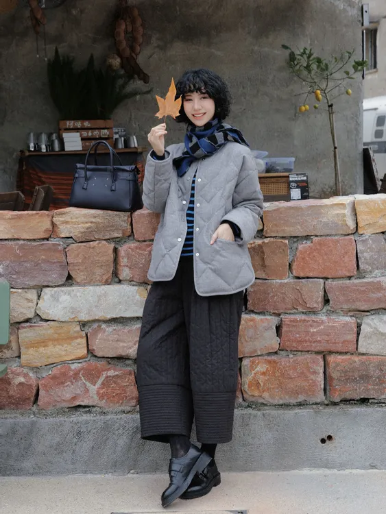 TT设计师【初雪恋】冬季时尚简约钻石格羊毛呢鹅绒羽绒服TT191388