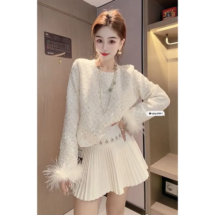 网红设计感重工静奢风亮片长袖打底衫秋冬新款小香风气质显瘦上衣