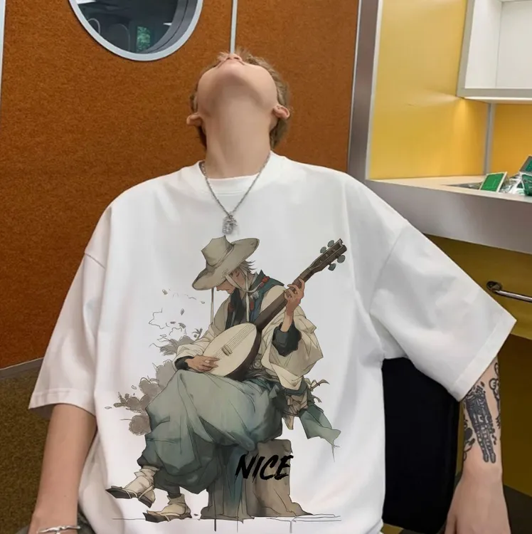 纯棉重磅国潮复古人物印花短袖t恤男女同款宽松型潮牌夏圆领上衣
