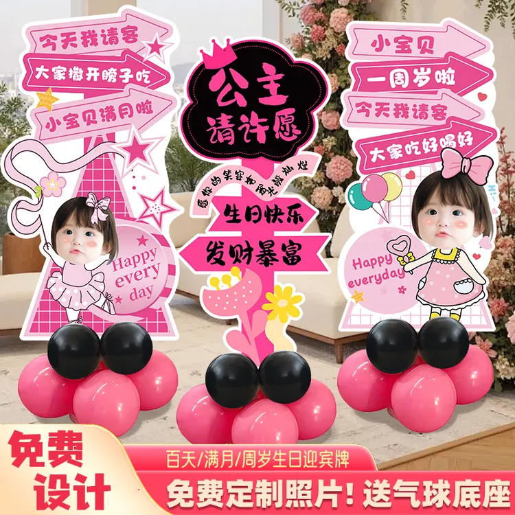 生日装饰女童宝宝周岁场景布置大头像迎宾牌kt板摆件定制百天满月