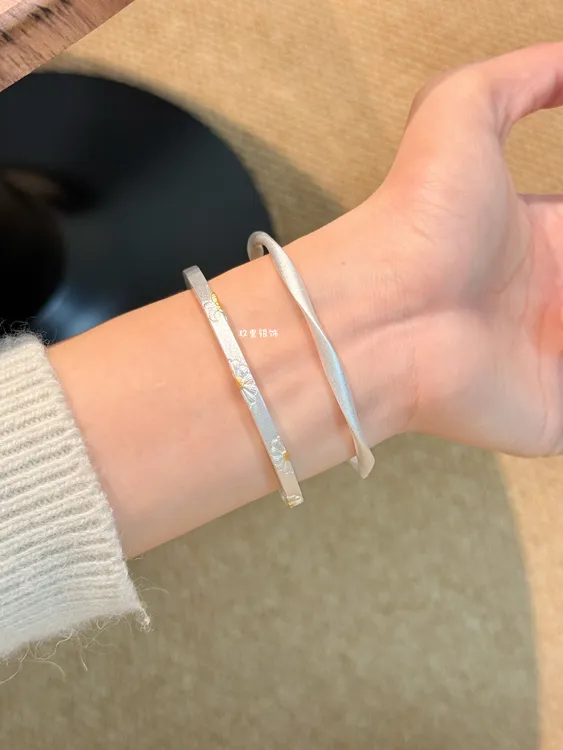 足银手镯 采菊足银新中式精致手工雏菊银手镯约26g送女友闺蜜礼物