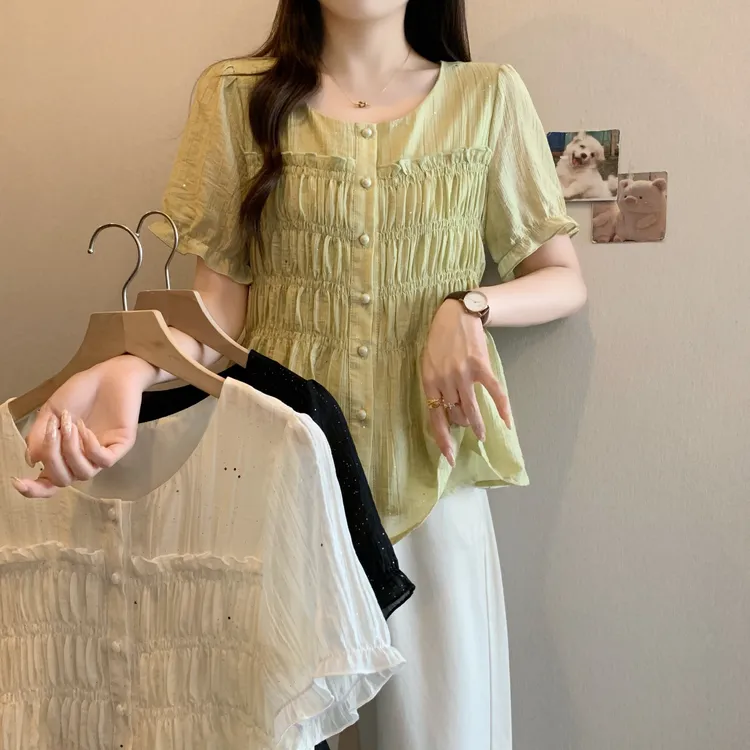 大码女装衬衫新款2025夏设计感褶皱时尚气质短袖法式宽松显瘦上衣