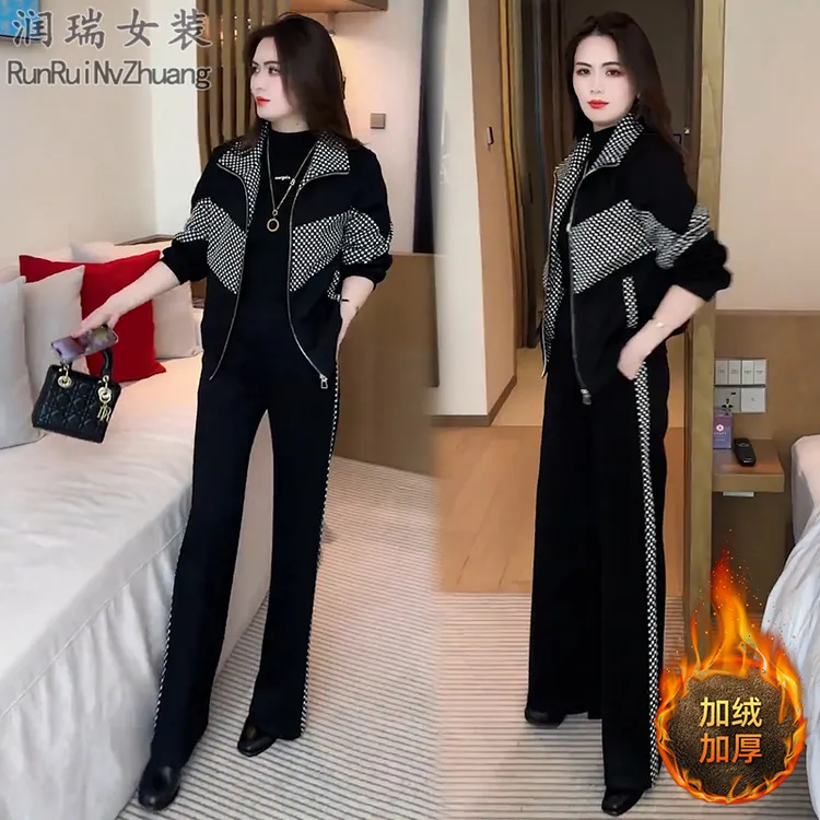 冬季新款加绒加厚时尚套装女2025大码宽松短外套阔腿裤两件套通勤