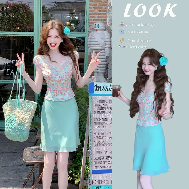 2025夏季新款百搭多巴胺蕾丝碎花修身短袖上衣显瘦高腰短裙两件套