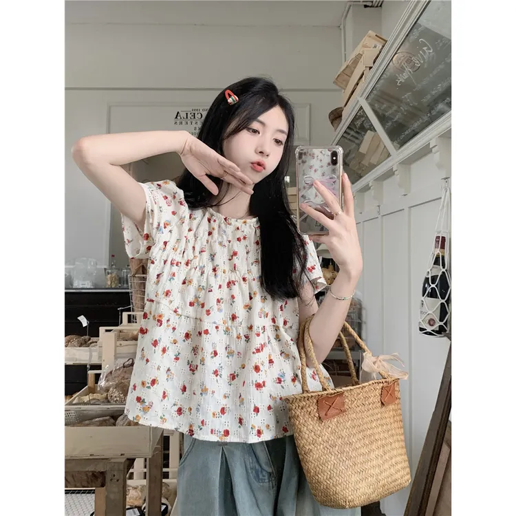 实价~新款韩系甜美圆领重工刺绣碎花女