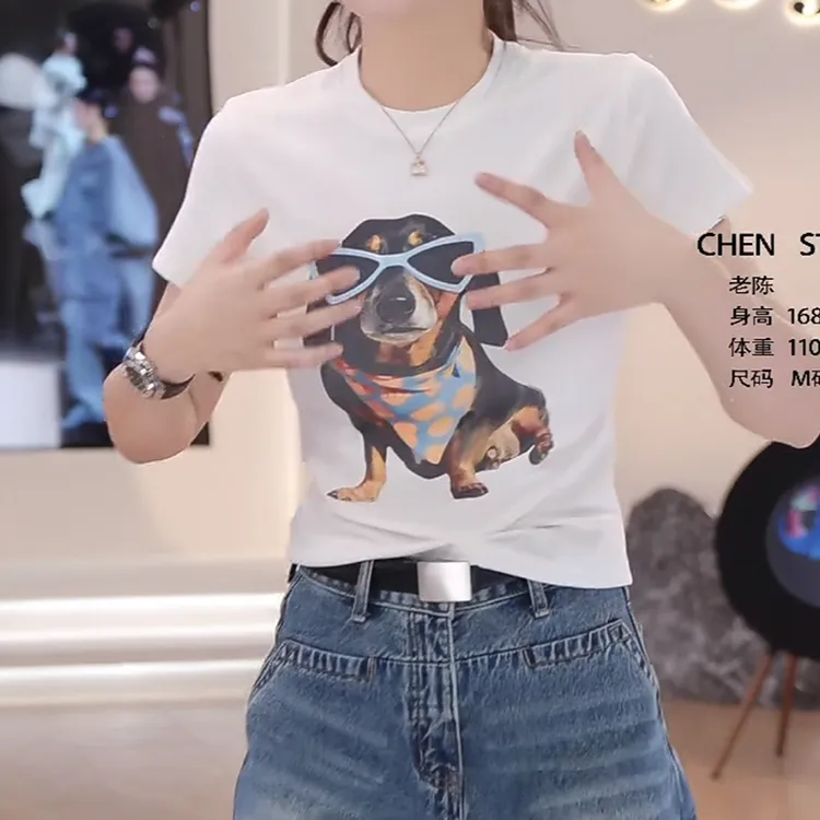 【墨镜狗】2025夏季新款休闲圆领小狗印花短款T恤短袖女时尚百搭潮
