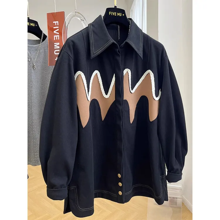 胖mm特大码300斤时尚拼接宽松显瘦衬衫女春秋季字母印花工装外套2