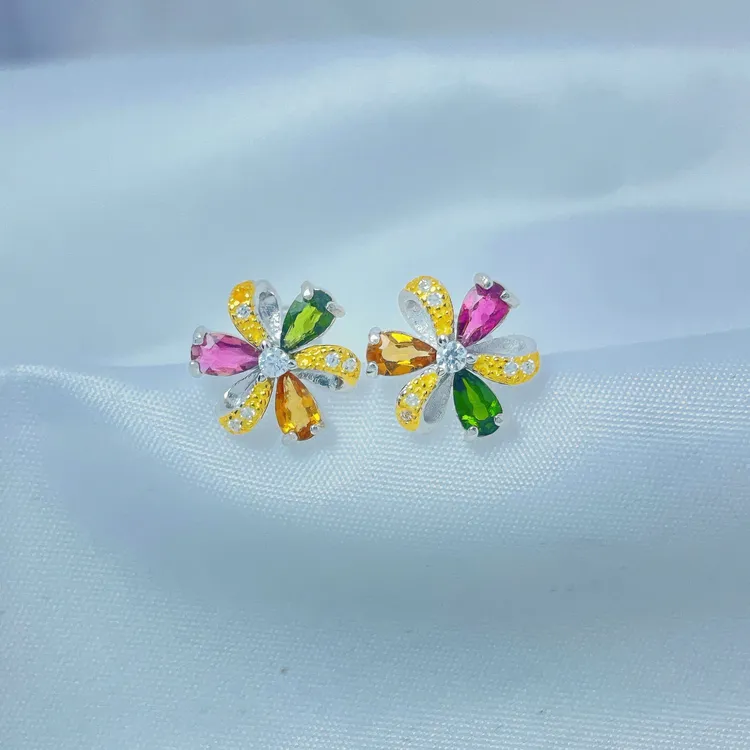 天然碧玺日韩金银色甜美植物花卉耳钉彩色小众优雅简约时尚镶嵌