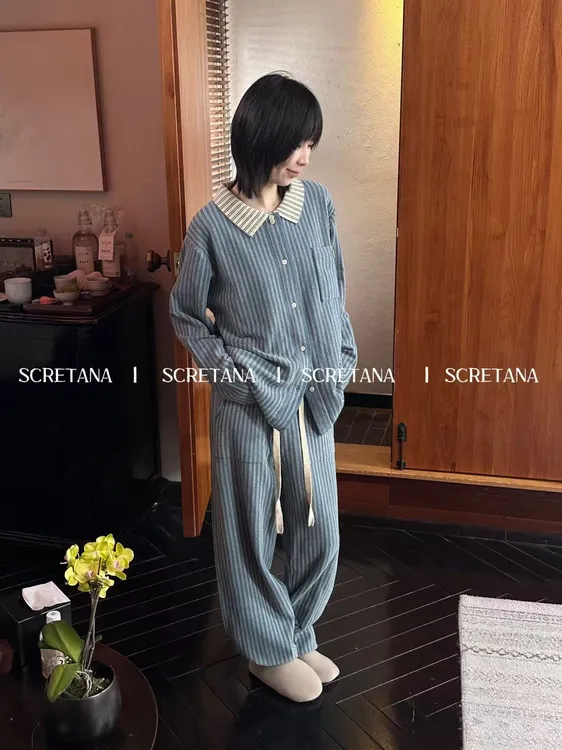 SCRETANA/安娜的秘密早川冬季韩版条纹软糯亲肤可外穿洋气家居服
