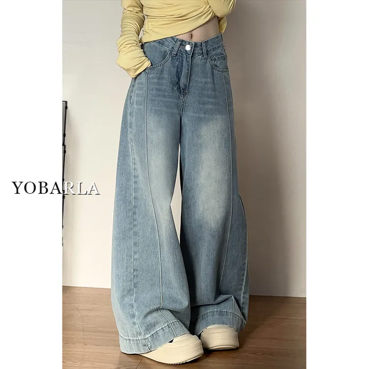 复古阔腿牛仔裤女秋冬新款大码梨形身材胖mm显瘦宽松垂感直筒裤子