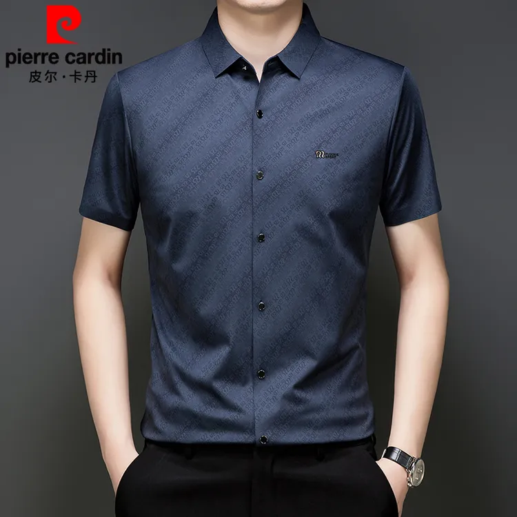 皮尔卡丹夏季男士短袖衬衫条纹无痕宽松印花商务休闲轻奢薄款衬衣