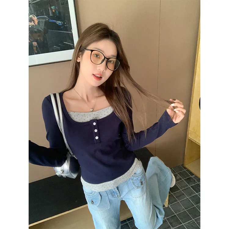 假两件碎花正肩长袖t恤女春季2025新款修身显瘦别致绝美甜辣上衣