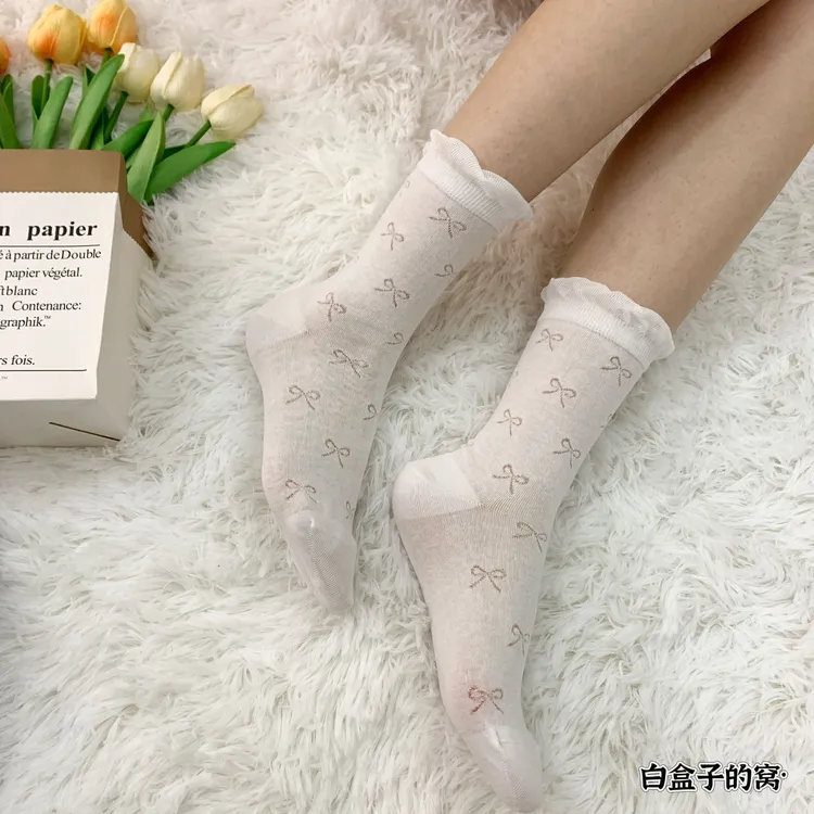 袜子薄款蝴蝶结中筒袜镂空中筒透气春夏月子女袜学院风纯色简约