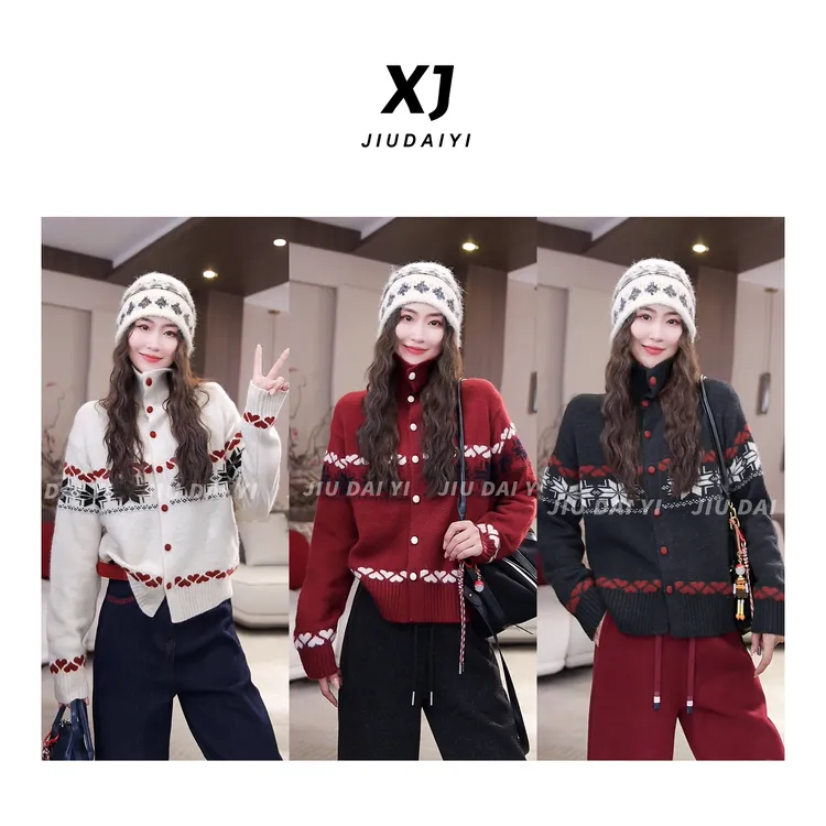 玖黛衣【绒雪心谣】秋冬加厚半高领韩版常规红色洋气羊毛衫XSJ47153