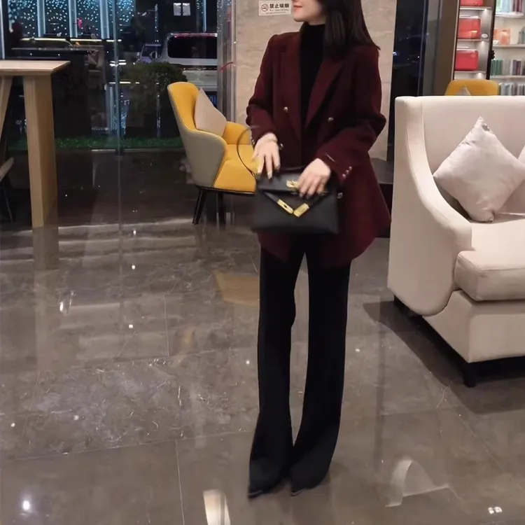 中年人女装2025新款高级感翻领纯色西服外套高腰长裤显瘦两件套装