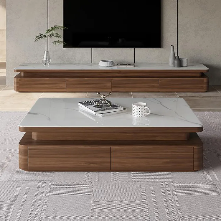 新款中古风胡桃色意式极简微晶石茶几电视柜组合现代简约客厅家用