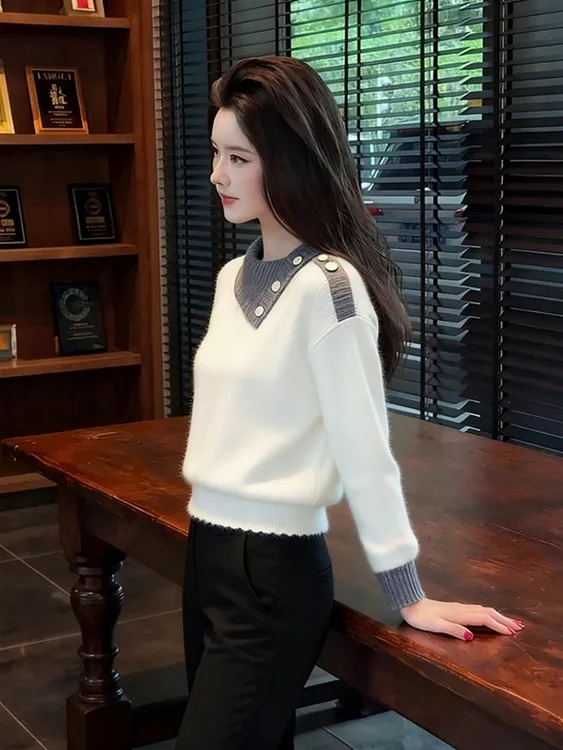 2025冬季新款老钱风拼色翻领针织衫毛衣高级感休闲气质长袖上衣潮