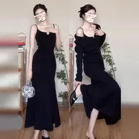 法式黑色吊带连衣裙子女早春穿搭2025新款配内搭打底气质v领长裙