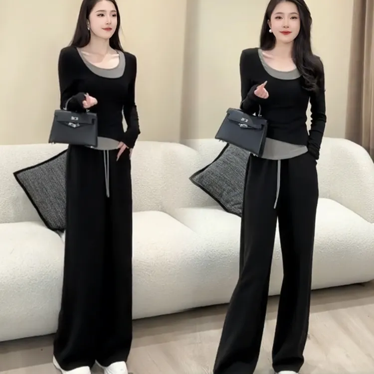 时尚套装女秋装新款撞色假两件长袖T恤上衣运动休闲阔腿裤两件套