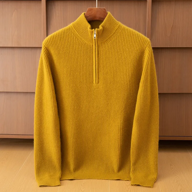 新款男士100%纯山羊绒元宝针半高领拉链时尚洋气减龄大气秋冬上衣