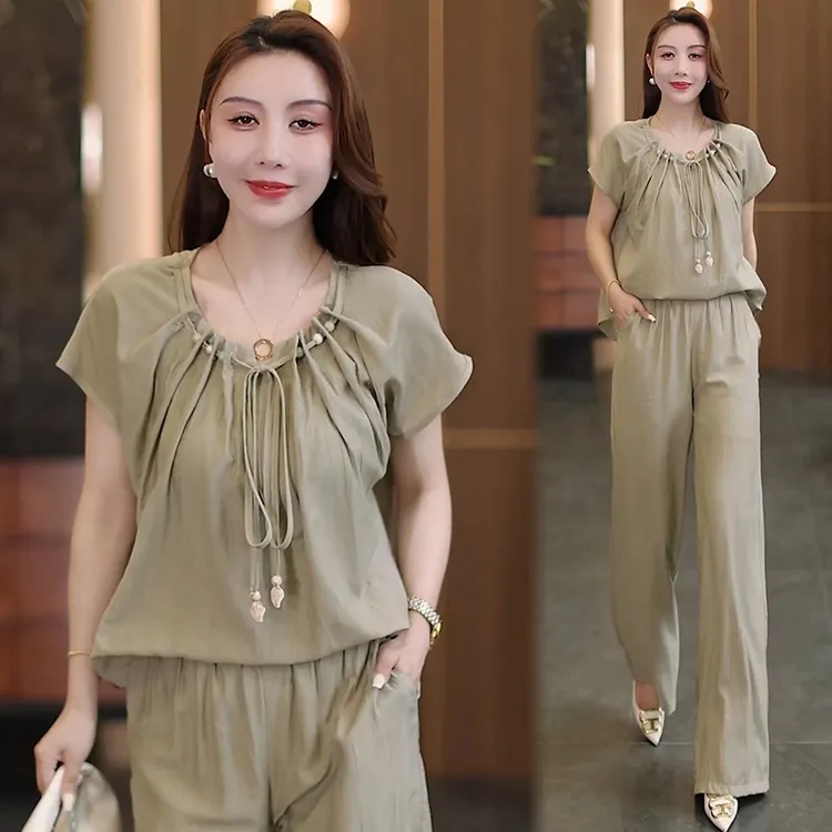 时尚套装夏季气质洋气休闲减龄宽松显瘦遮肚短袖直筒裤两件套