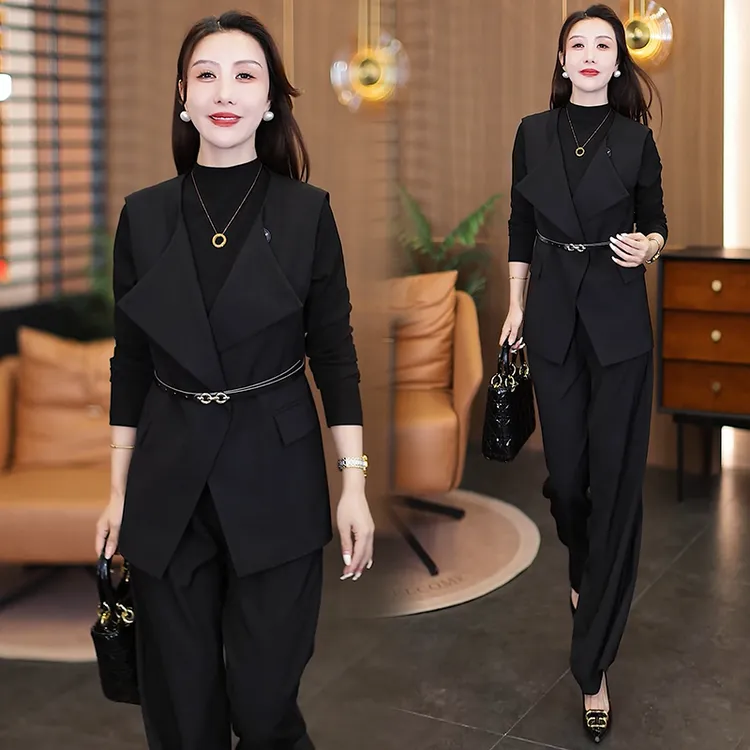 时尚套装女2025秋季新款洋气质显瘦不规则马甲打底衫阔腿裤三件套