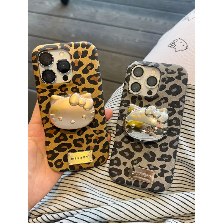 适用苹果16手机壳iPhone15/14promax可爱豹纹kt金属支架保护套