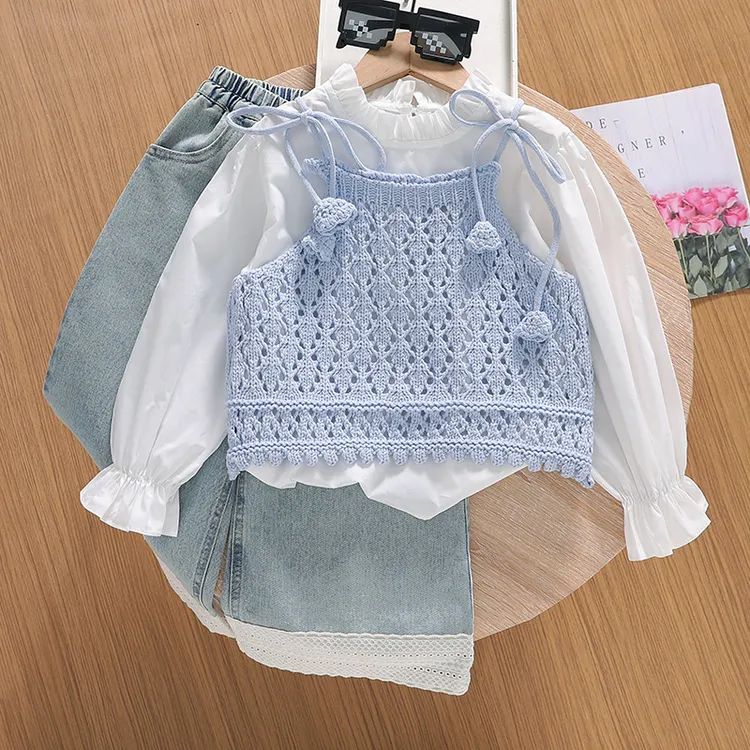 女童春装2025新款女孩三件套装女宝韩系洋气时髦儿童衬衫牛仔裤子