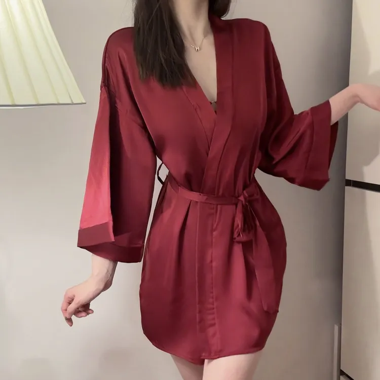 冬季新款爆款性感晨袍缎面薄款开衫系带睡袍大码浴袍家居服女套装
