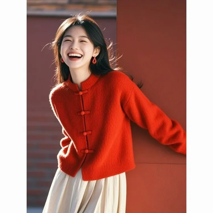 民族风冬季盘扣毛针织衫短款不褪色橘红色新中式小个子加厚网红