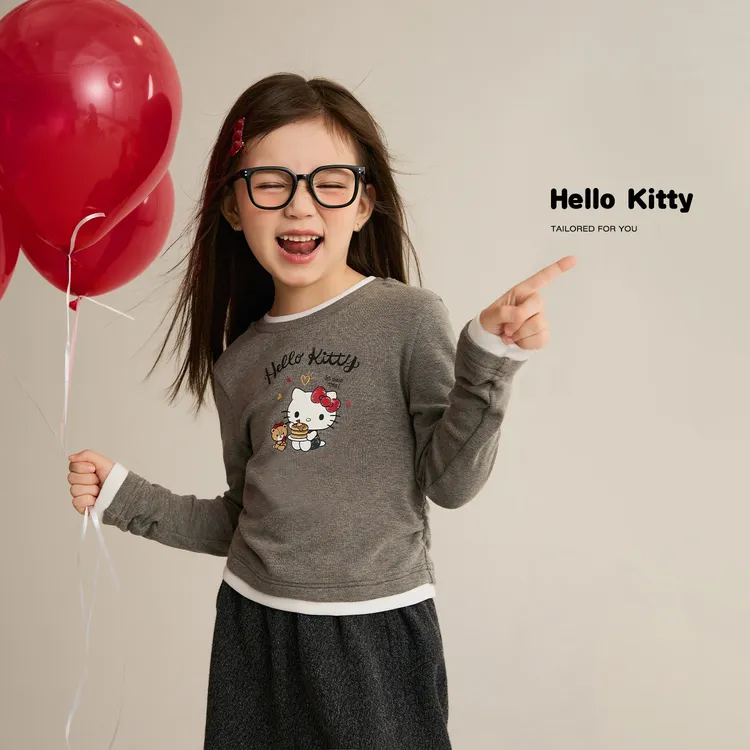 辰辰妈【软松饼】春秋季女童弹力假两件T恤儿童kitty猫上衣8543DH