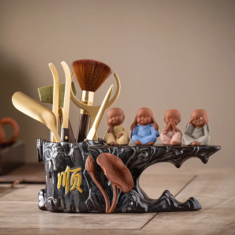 四不小和尚茶道六君子黄铜黑檀木茶具配件家用陶瓷茶筒泡茶工具