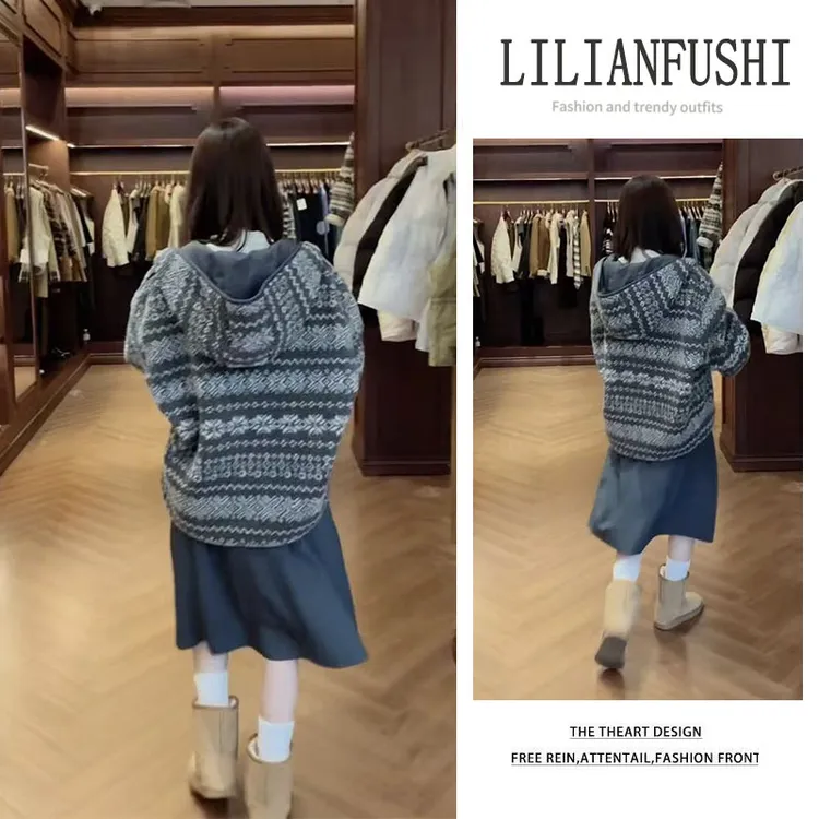 秋冬时尚穿搭2025新款宽松长袖连帽长袖外套显瘦高腰半身裙两件套