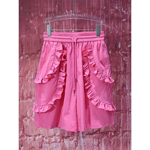 【韩哥女装】夏季玫粉色木耳边装饰时尚A字阔腿短裤9180