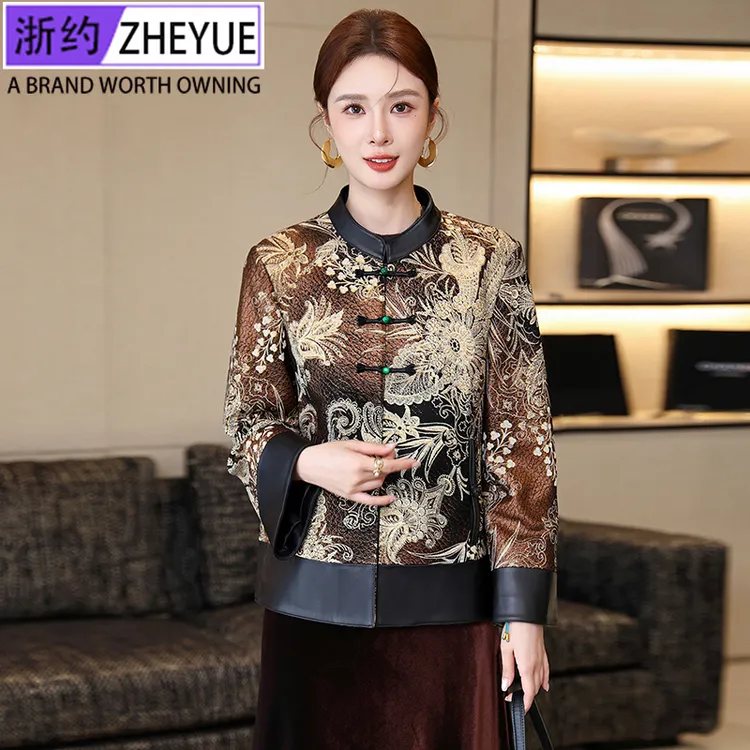 海宁2025春秋新款真皮衣女绵羊皮复古印花新中式国风春秋妈妈外套