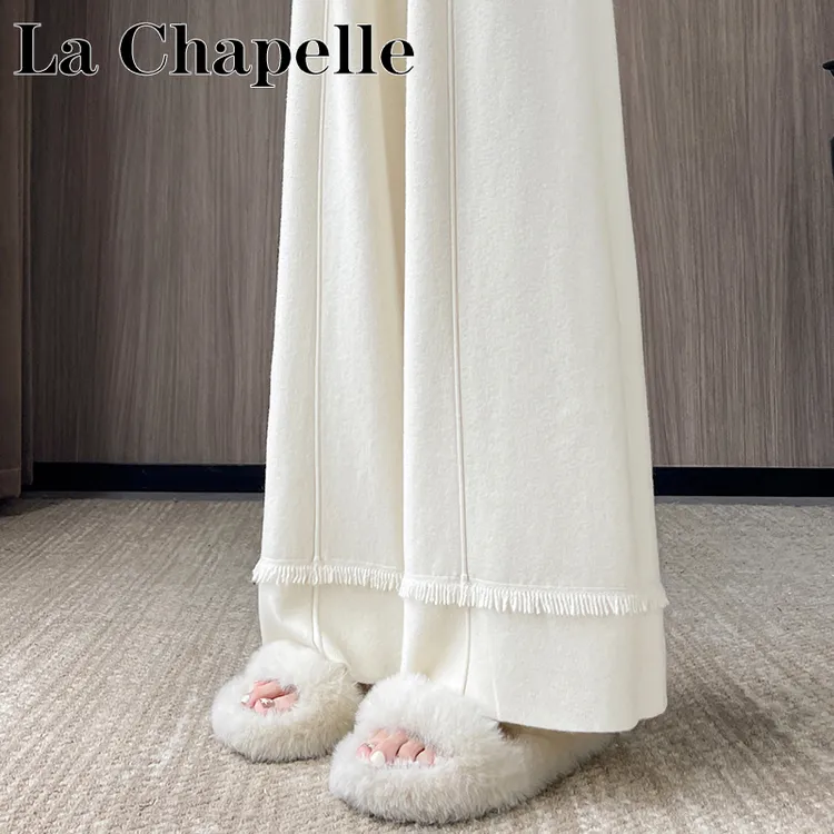 拉夏贝尔杏色流苏针织阔腿裤女秋冬2025新款高腰显瘦休闲直筒裤子