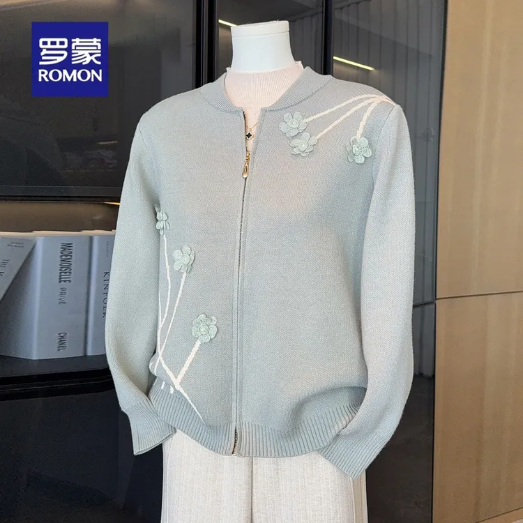 罗蒙洋气妈妈秋装针织上衣2025新款中老年人女装大码拉链毛衣开衫