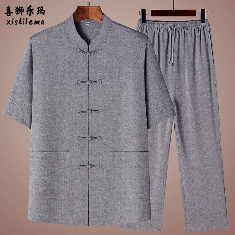 喜狮乐玛夏季新款立领唐装短袖套装中老年爸爸夏装爷爷装两件套男