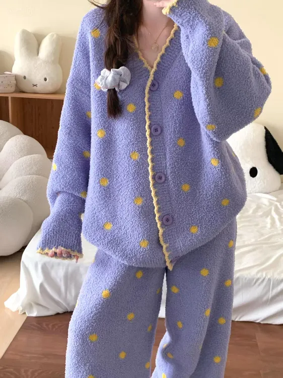 【DMXJ大梦想家】韩版紫色波点半边绒睡衣女冬季新款保暖套装家居服