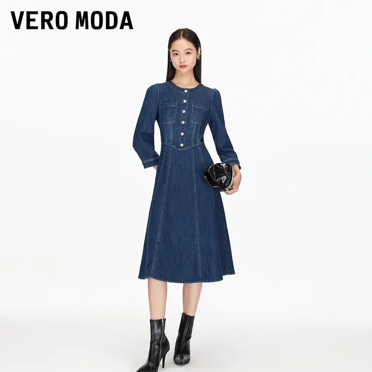Vero Moda连衣裙25新款含棉七分袖收腰明线牛仔裙流光风325342017